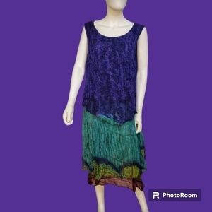 VTG PHOOL Layered Batik Handkerchief Chiffon Drop Waist Artsy Tank Dress